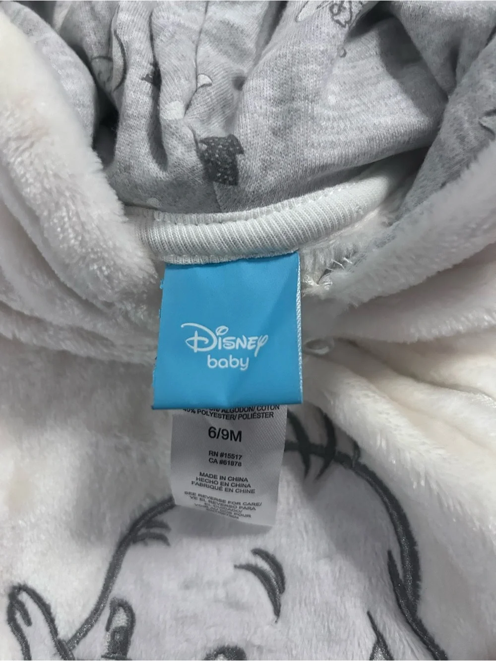 Disney Soft Cream Baby One-Piece Hooded Romper Dumbo Appliqué. Size 6/9M NWT - Picture 8 of 10